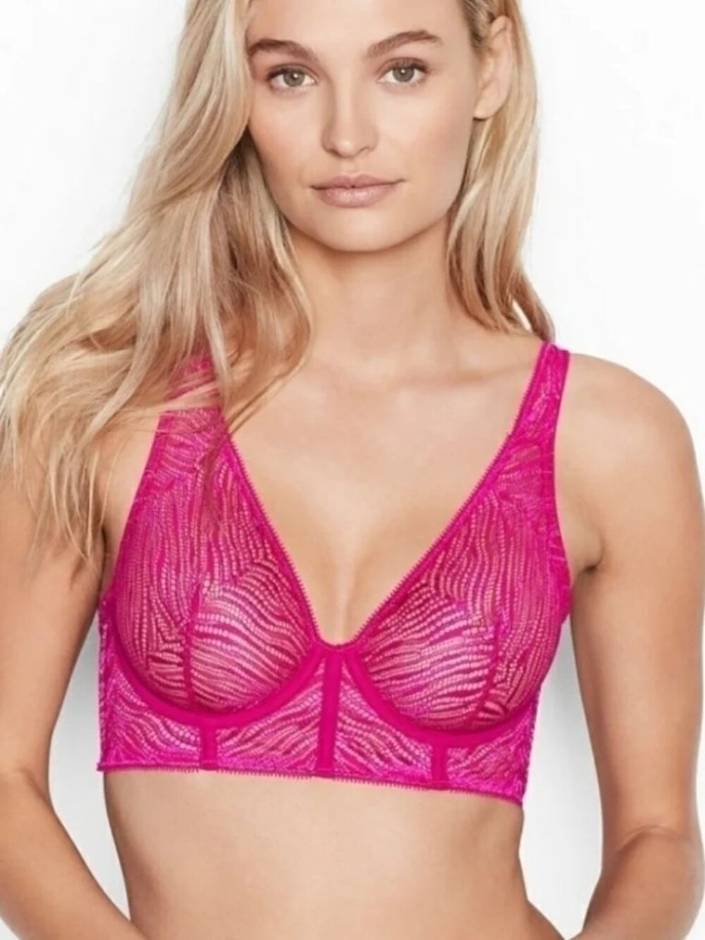 Victoria’s Secret Hot Pink Zebra Lace Unlined Plunge Bra. 32DD.